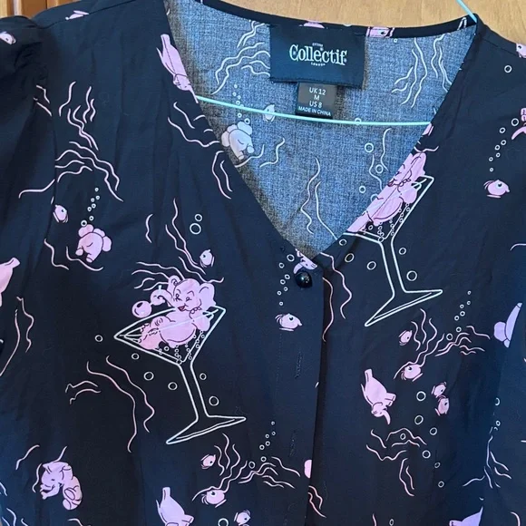 Collectif Black and Pink Cocktail Print Blouse and Skirt - Picture 2 of 8